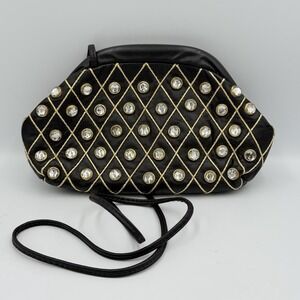 VTG Y&S Black Leather Rhinestone Quilted Clutch Crossbody Bag Made USA Evening